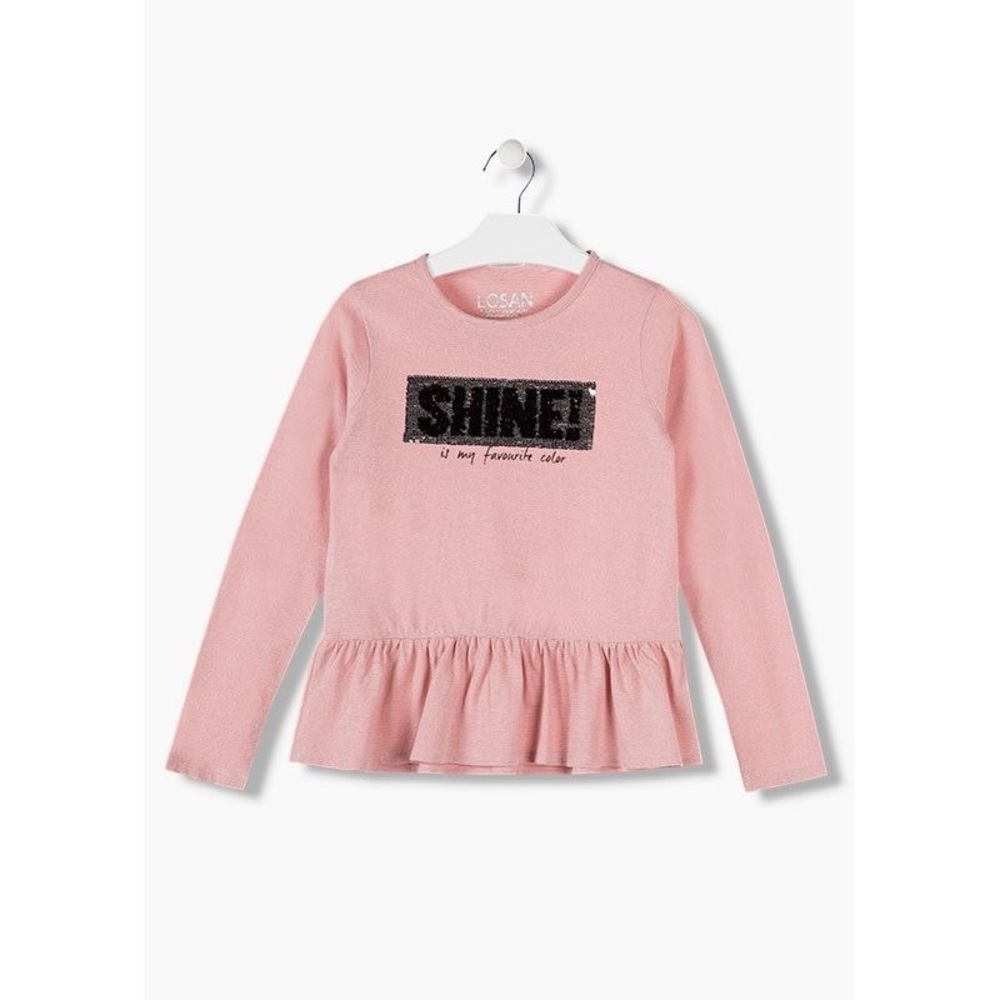 Soft Pink Long Sleeve Tee with Ruffle Detail and Sequins